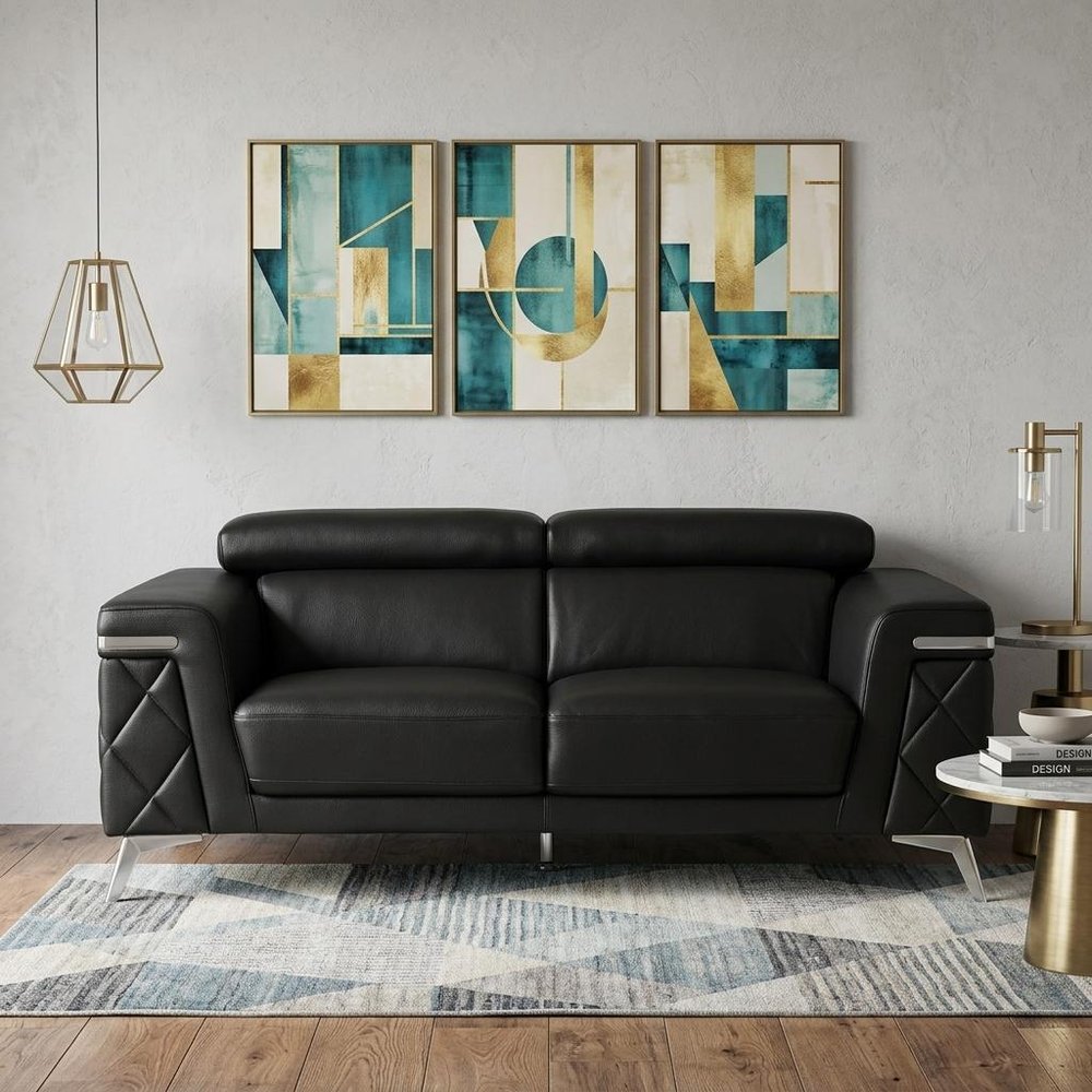 Black and Silver Metallic Top Grain Leather Loveseat - 70-inch
