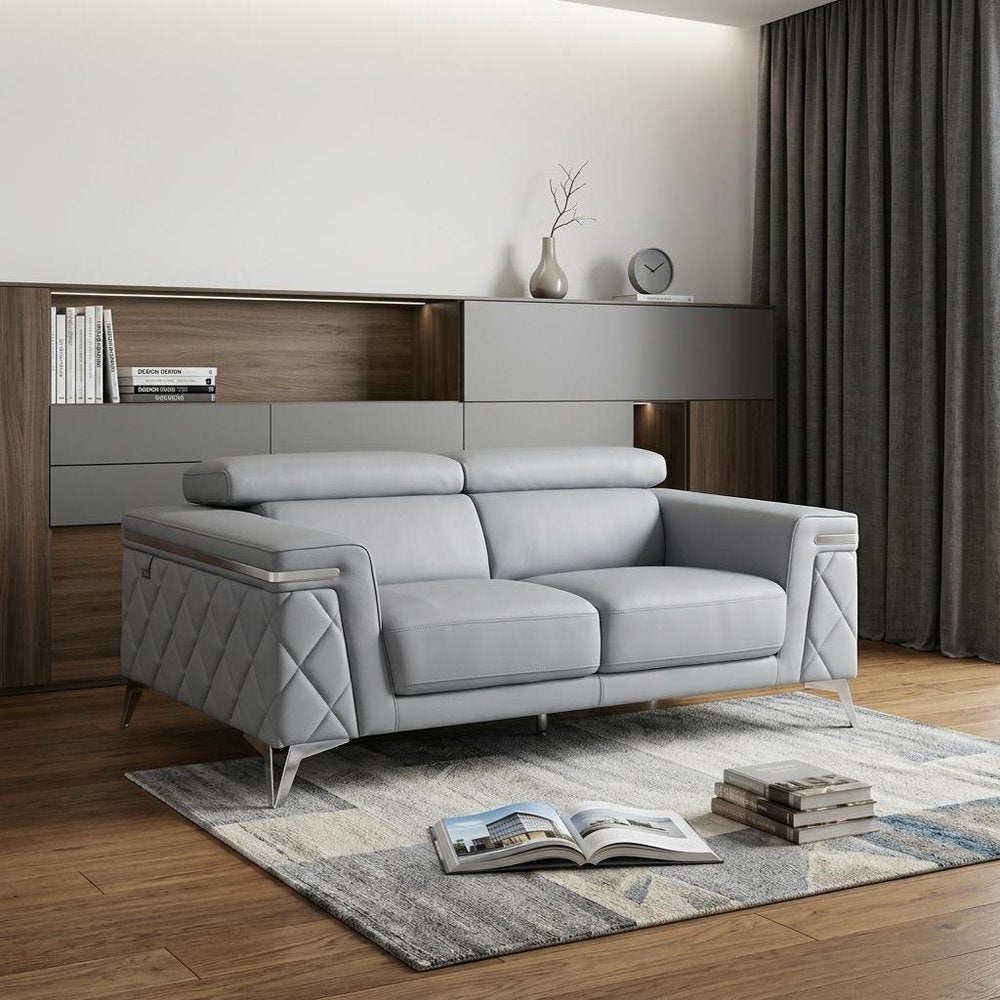 Light Blue and Silver Metallic Top Grain Leather Loveseat - 70-inch