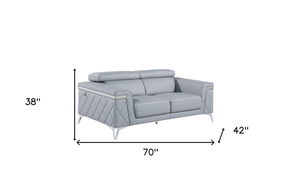 Light Blue and Silver Metallic Top Grain Leather Loveseat - 70-inch