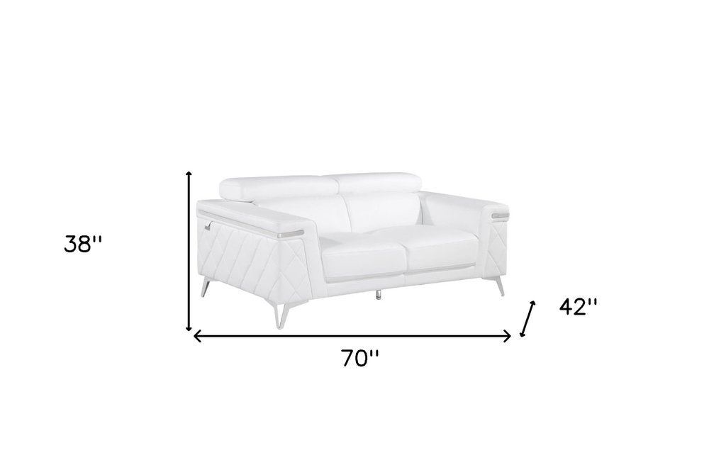 White and Silver Metallic Top Grain Leather Loveseat - 70-inch