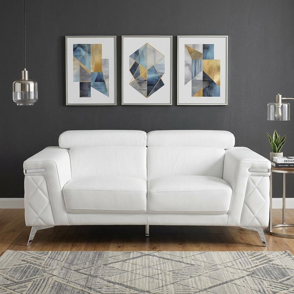 White and Silver Metallic Top Grain Leather Loveseat - 70-inch