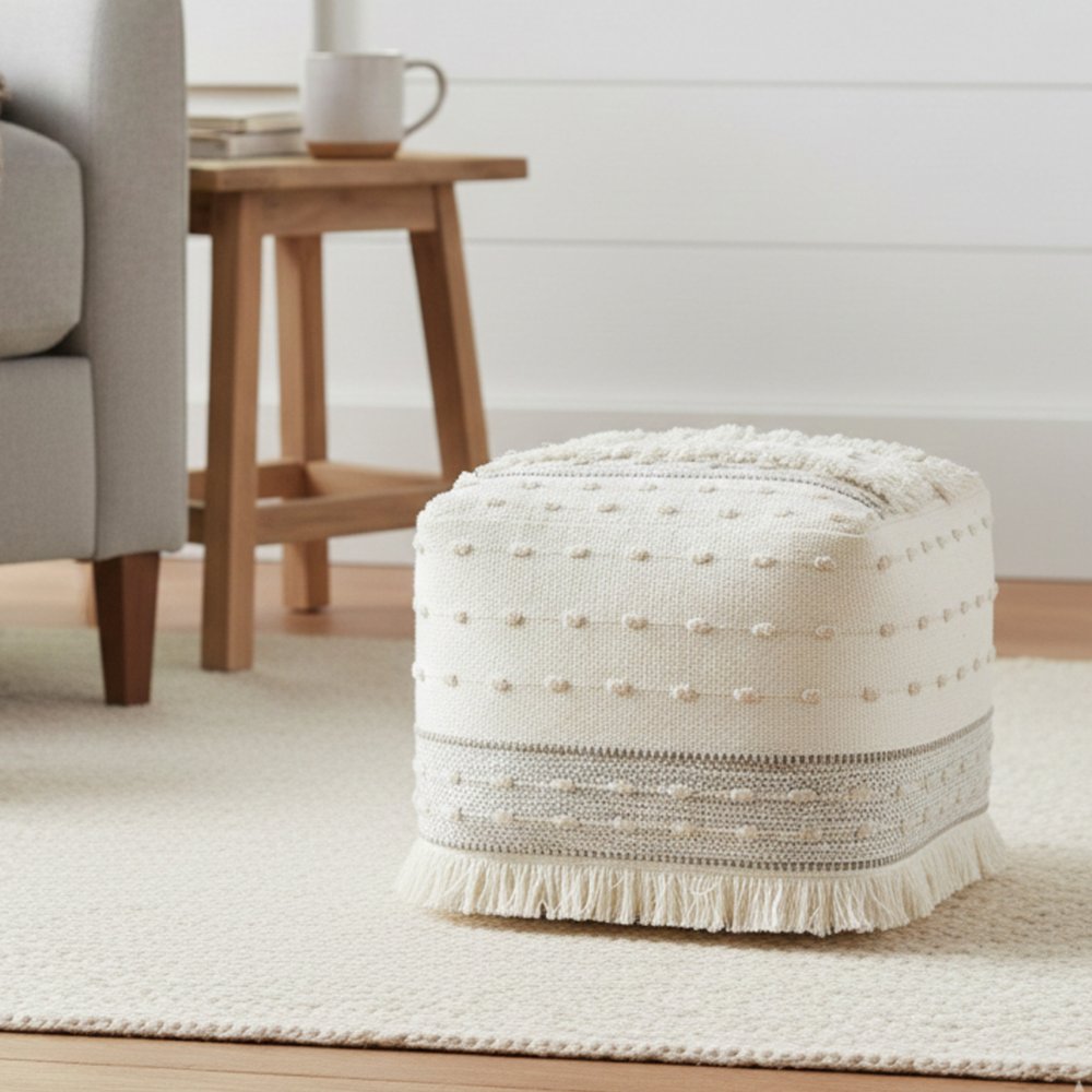 Cream Cotton Striped Pouf Ottoman - 18-inch