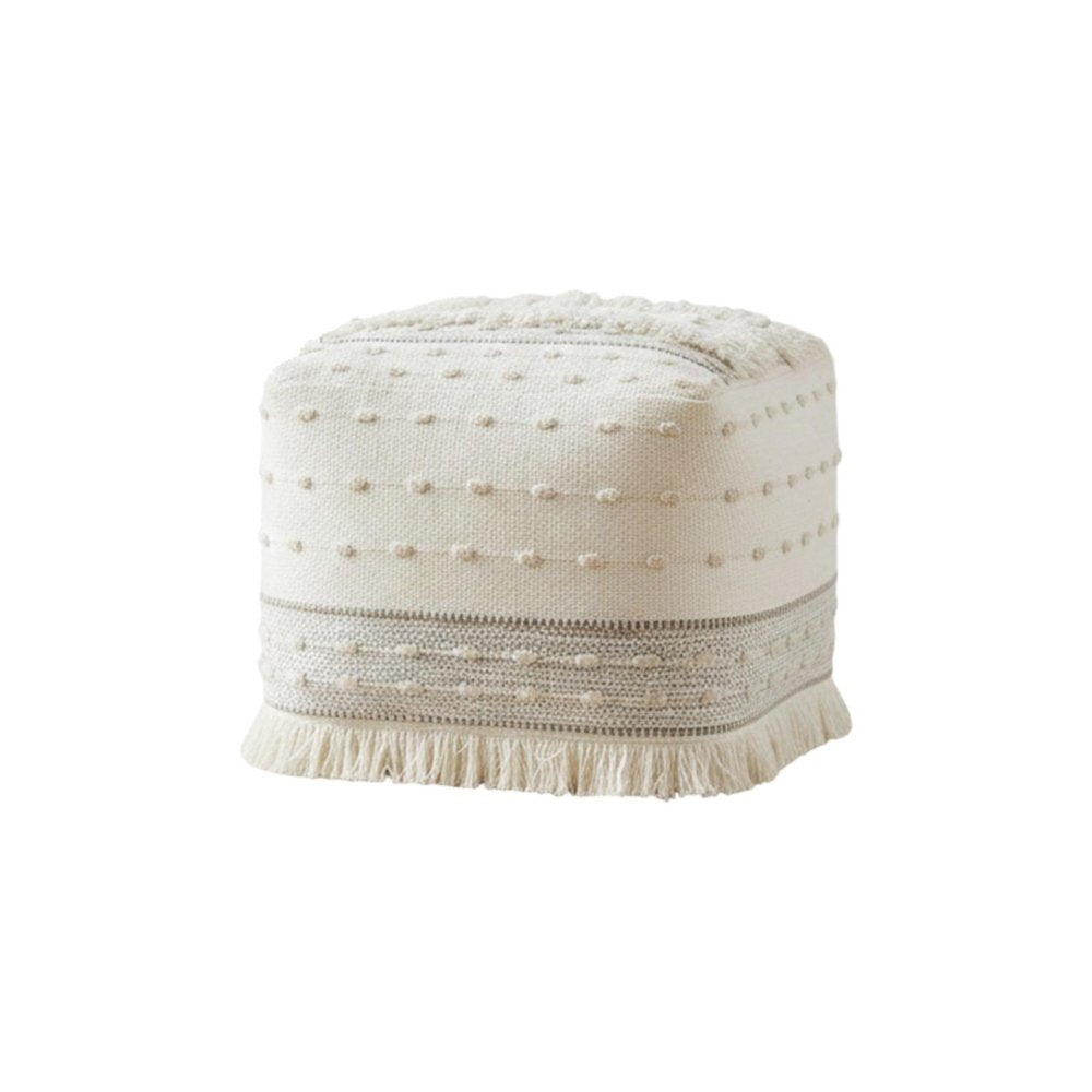 Cream Cotton Striped Pouf Ottoman - 18-inch