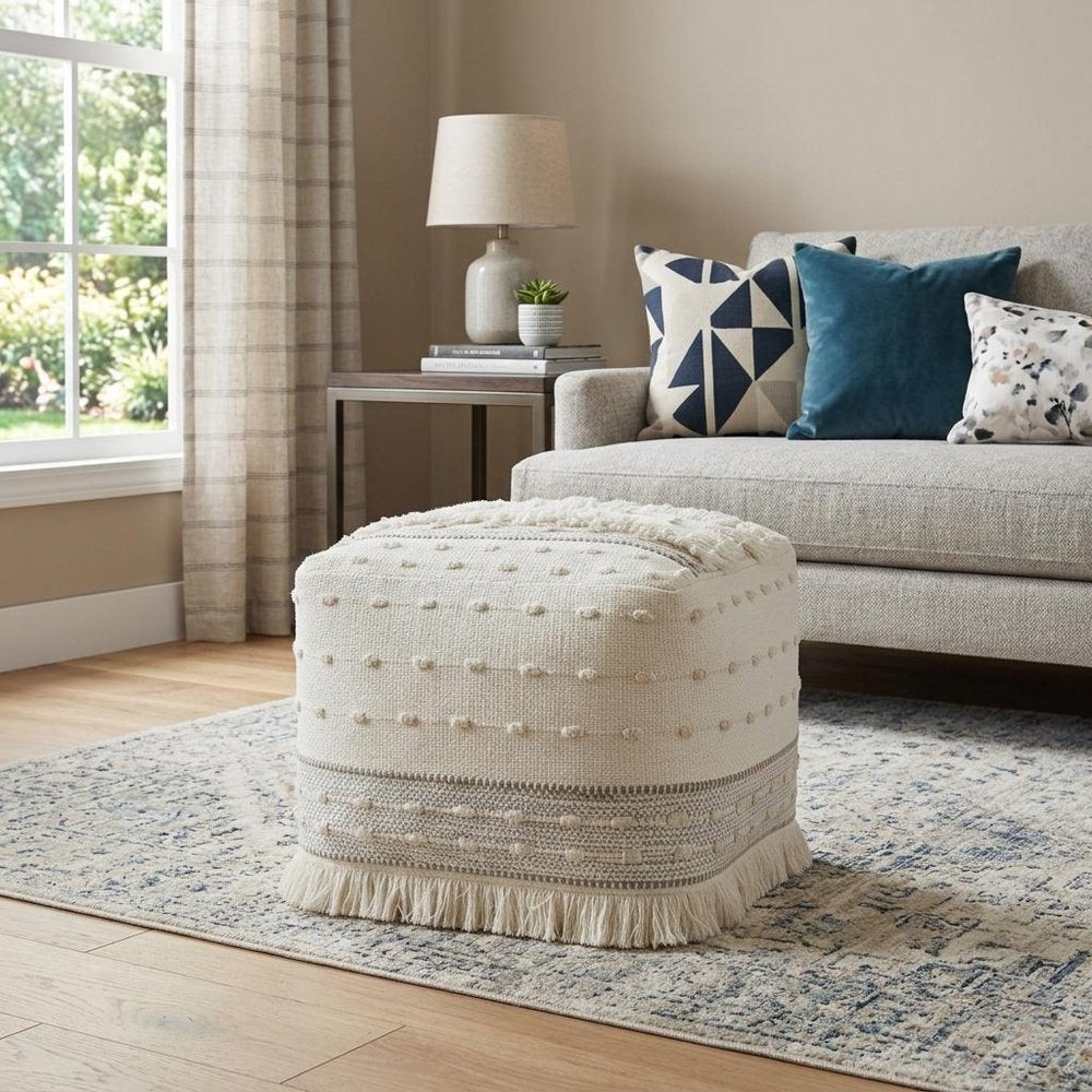 Cream Cotton Striped Pouf Ottoman - 18-inch