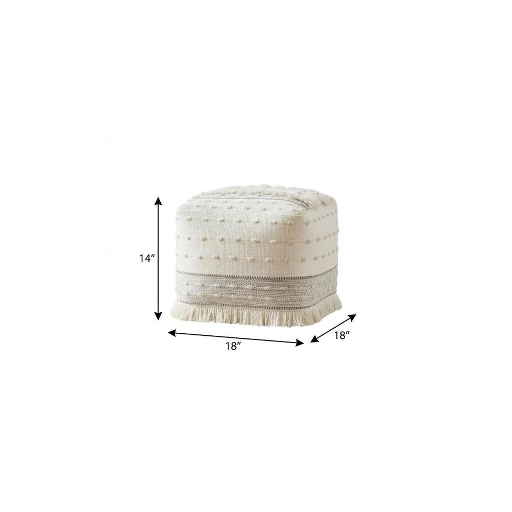 Cream Cotton Striped Pouf Ottoman - 18-inch