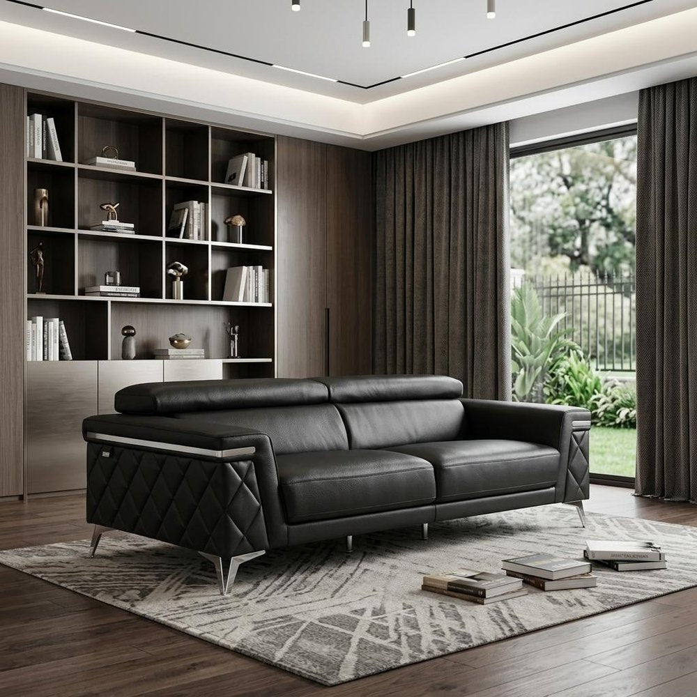 Black Italian Leather Sofa with Silver Legs - 89-inch
