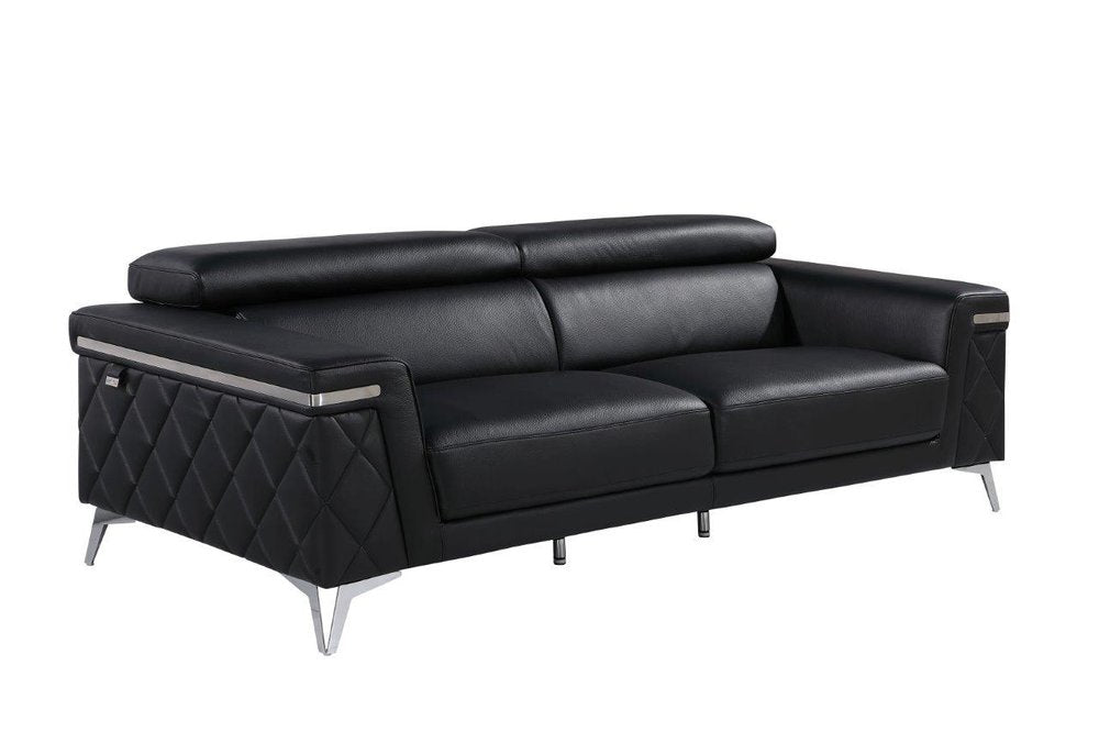 Black Italian Leather Sofa with Silver Legs - 89-inch