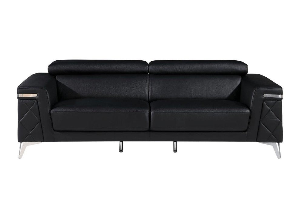 Black Italian Leather Sofa with Silver Legs - 89-inch