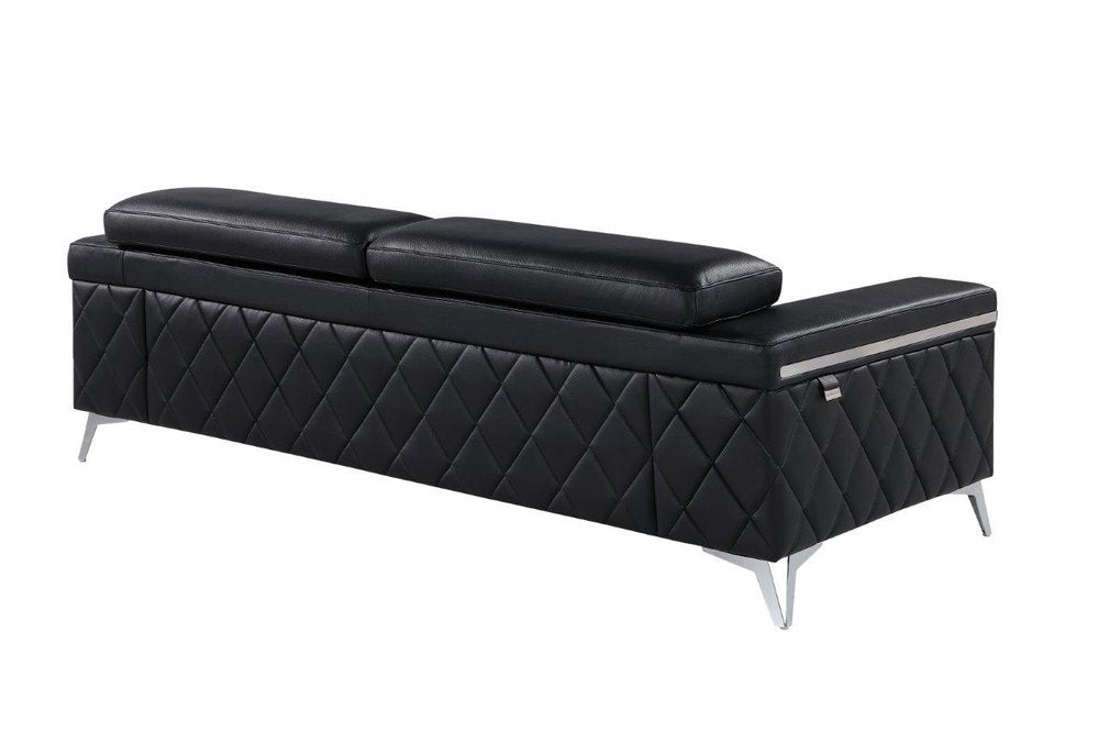 Black Italian Leather Sofa with Silver Legs - 89-inch