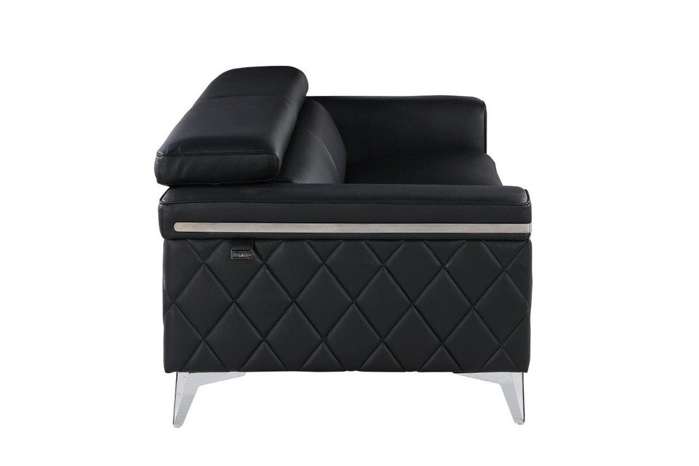 Black Italian Leather Sofa with Silver Legs - 89-inch