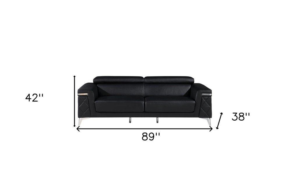 Black Italian Leather Sofa with Silver Legs - 89-inch