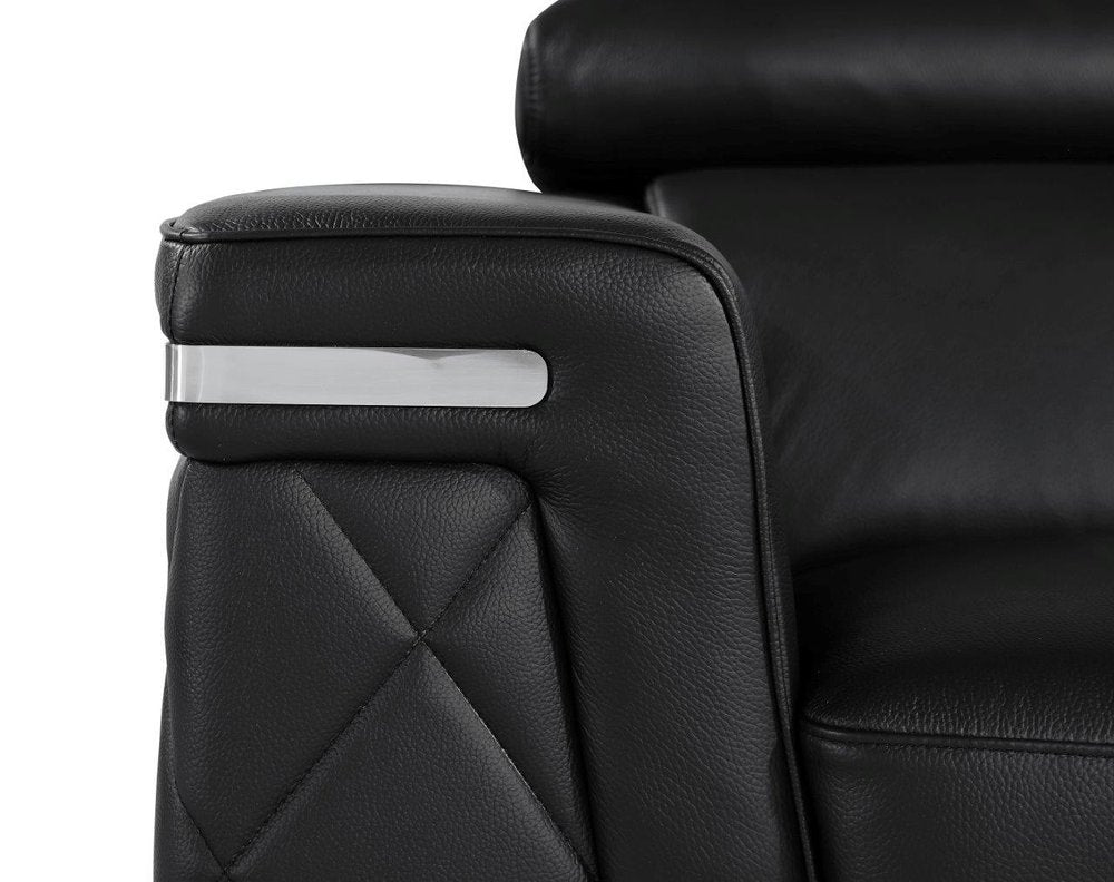 Black Italian Leather Sofa with Silver Legs - 89-inch