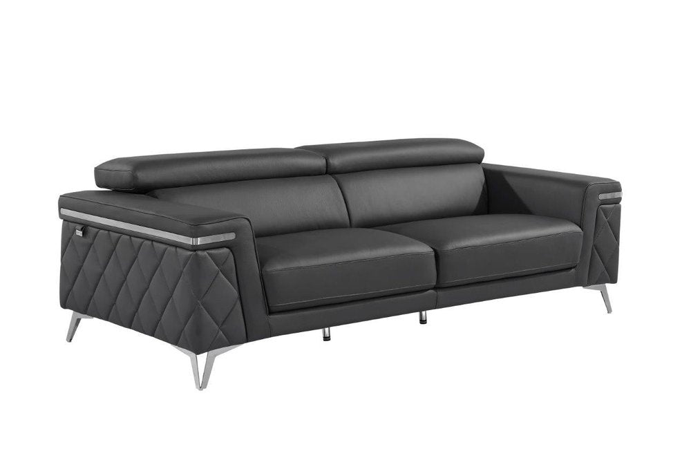 Black Italian Leather Sofa with Silver Legs - 89-inch
