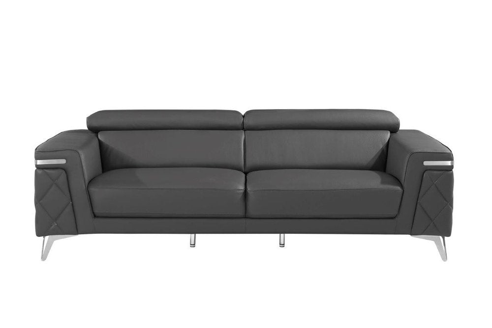 Black Italian Leather Sofa with Silver Legs - 89-inch