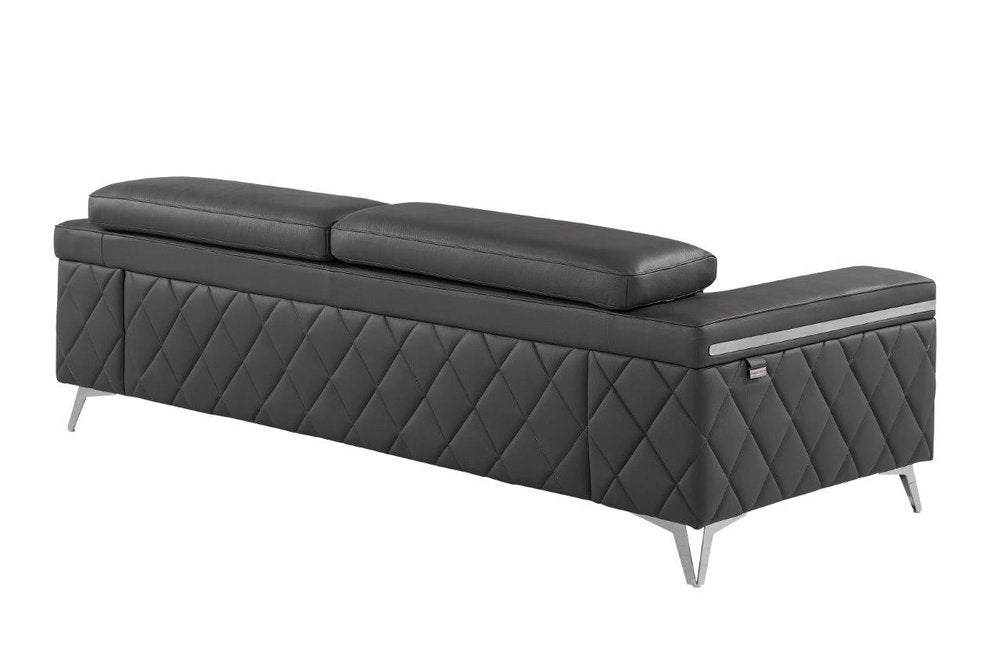 Black Italian Leather Sofa with Silver Legs - 89-inch