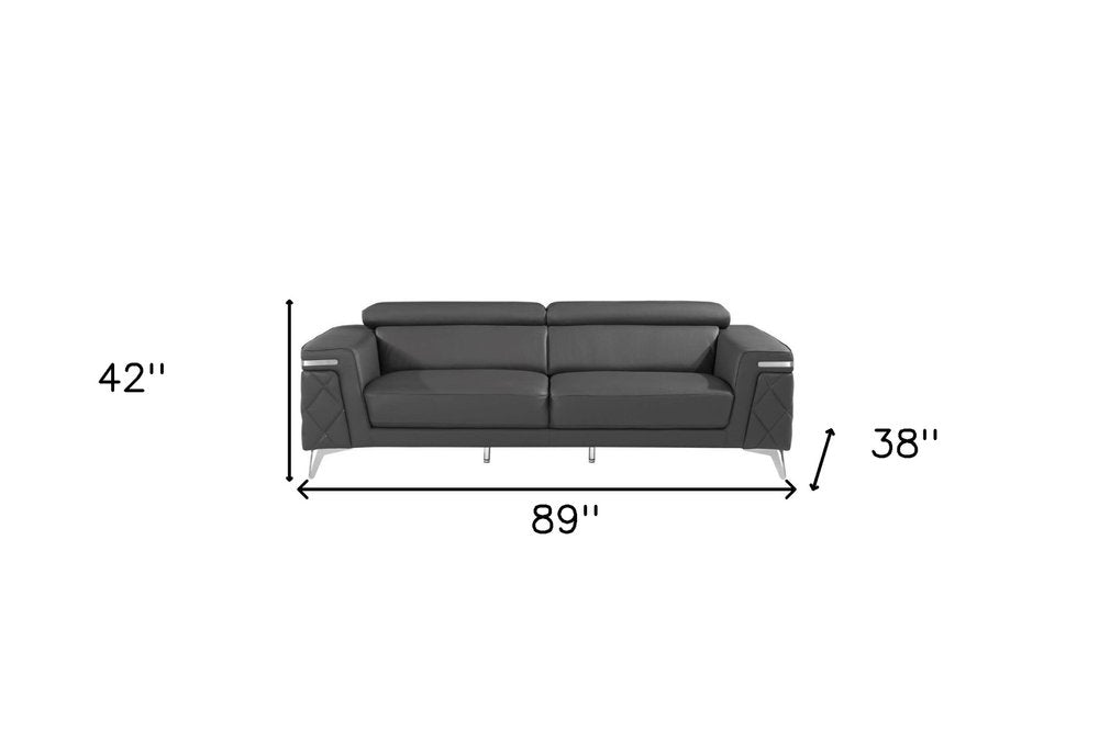 Black Italian Leather Sofa with Silver Legs - 89-inch