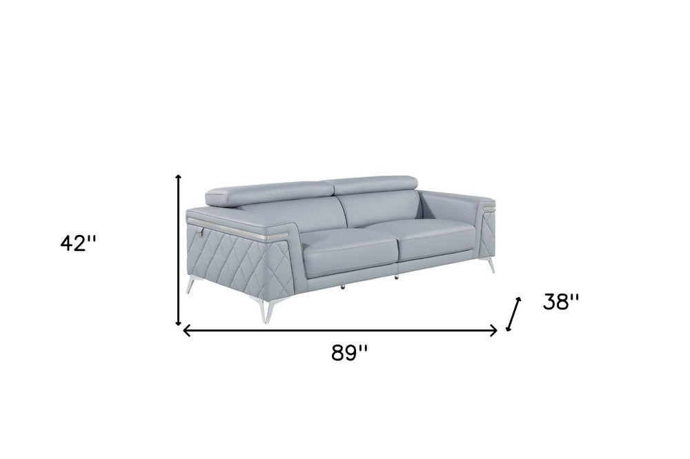 Black Italian Leather Sofa with Silver Legs - 89-inch