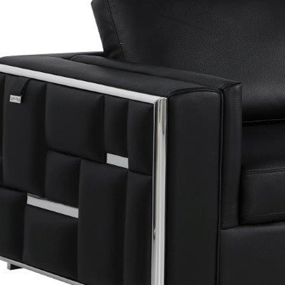 Black Italian Leather Sofa with Silver Legs - 89-inch