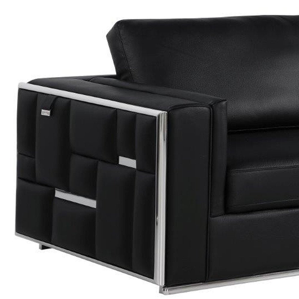 Black Italian Leather Sofa with Silver Legs - 89-inch