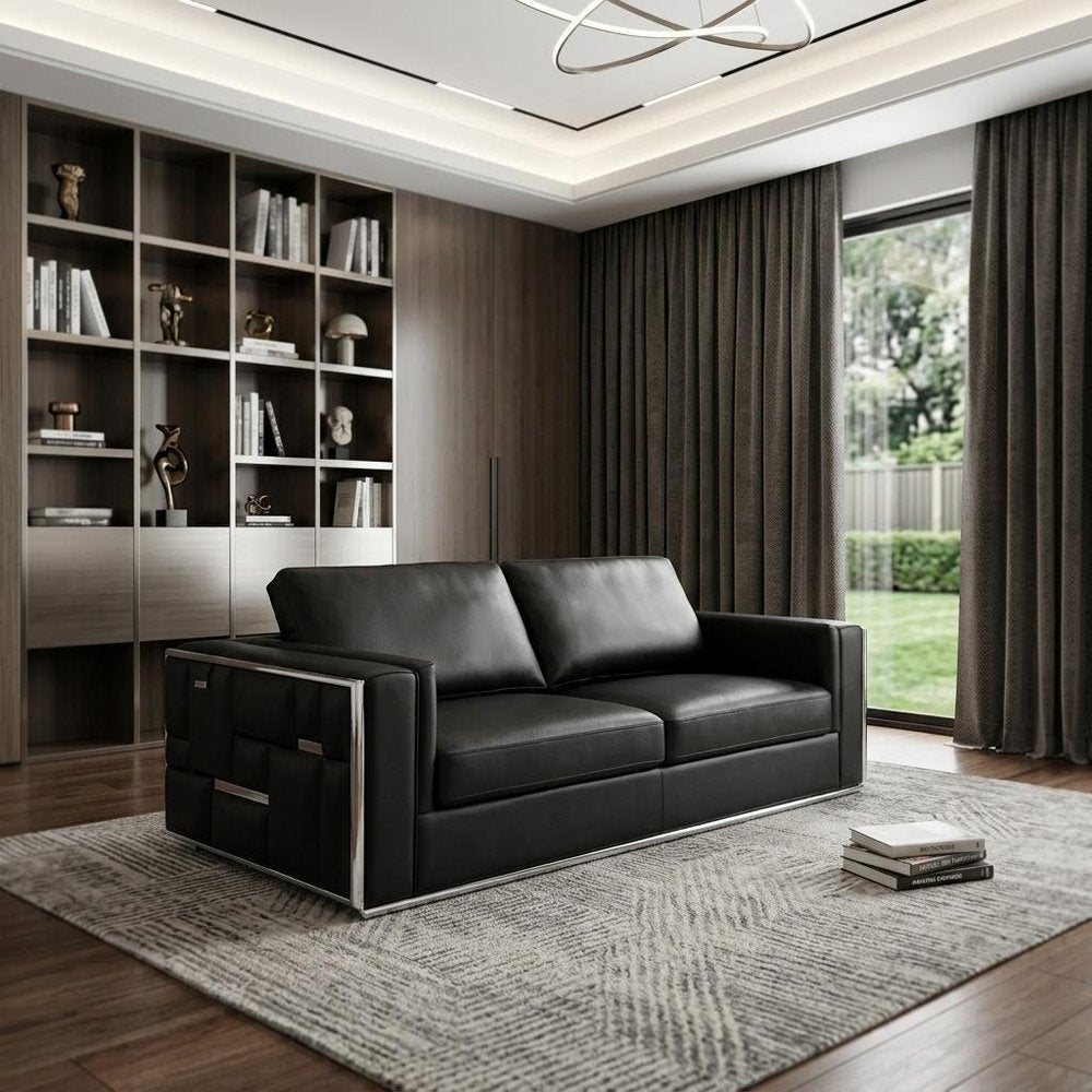 Black Italian Leather Sofa with Silver Legs - 89-inch