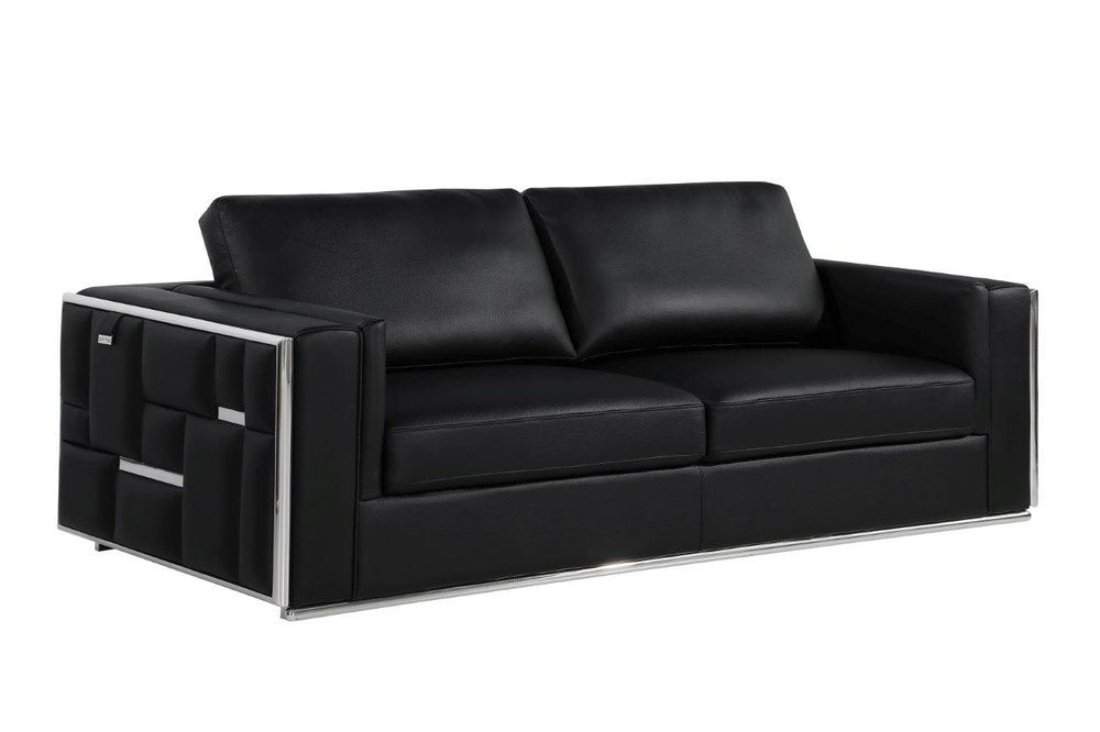 Black Italian Leather Sofa with Silver Legs - 89-inch