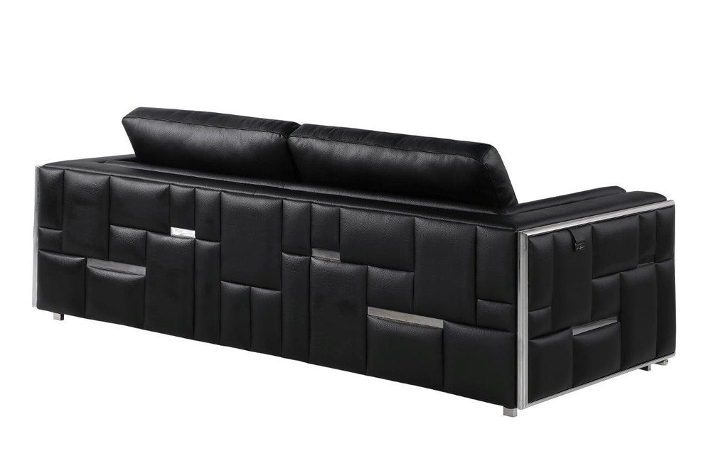 Black Italian Leather Sofa with Silver Legs - 89-inch