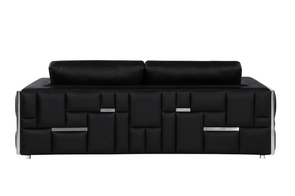 Black Italian Leather Sofa with Silver Legs - 89-inch