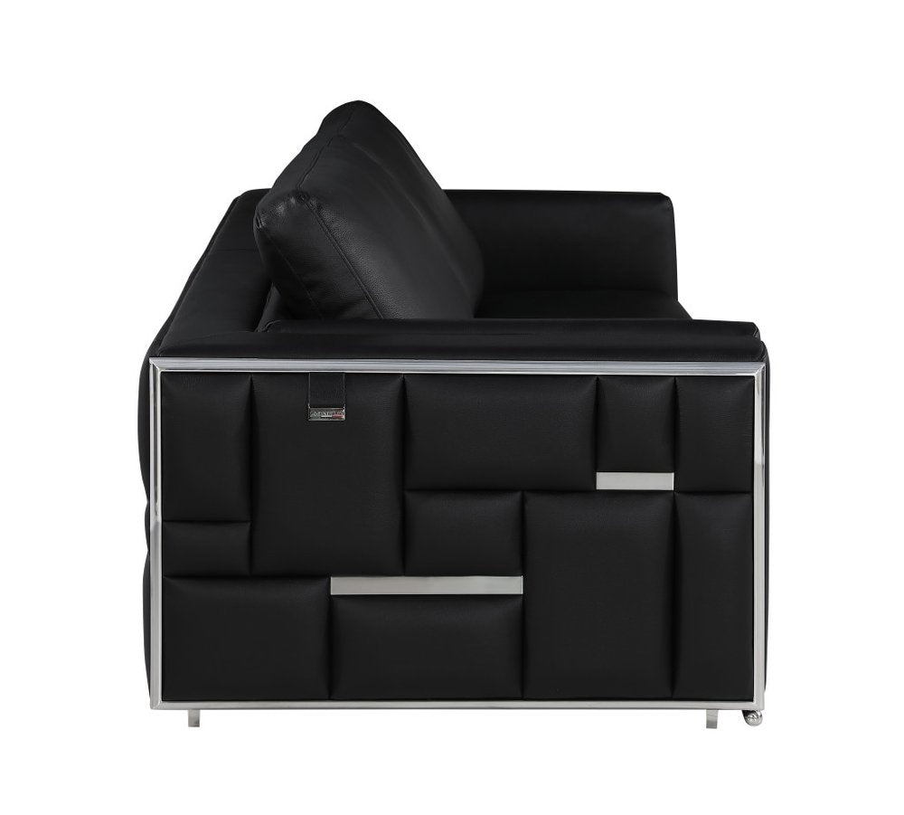 Black Italian Leather Sofa with Silver Legs - 89-inch