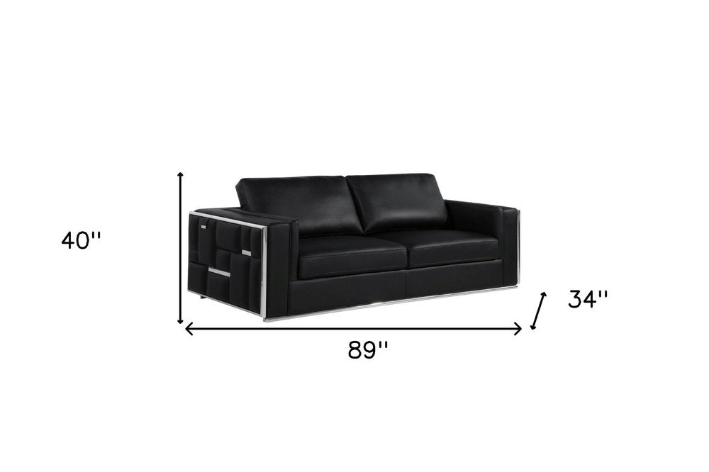 Black Italian Leather Sofa with Silver Legs - 89-inch