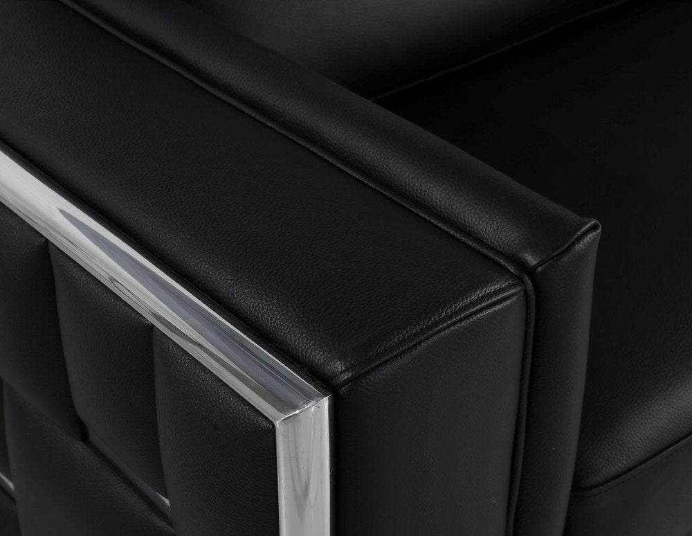 Black Italian Leather Sofa with Silver Legs - 89-inch
