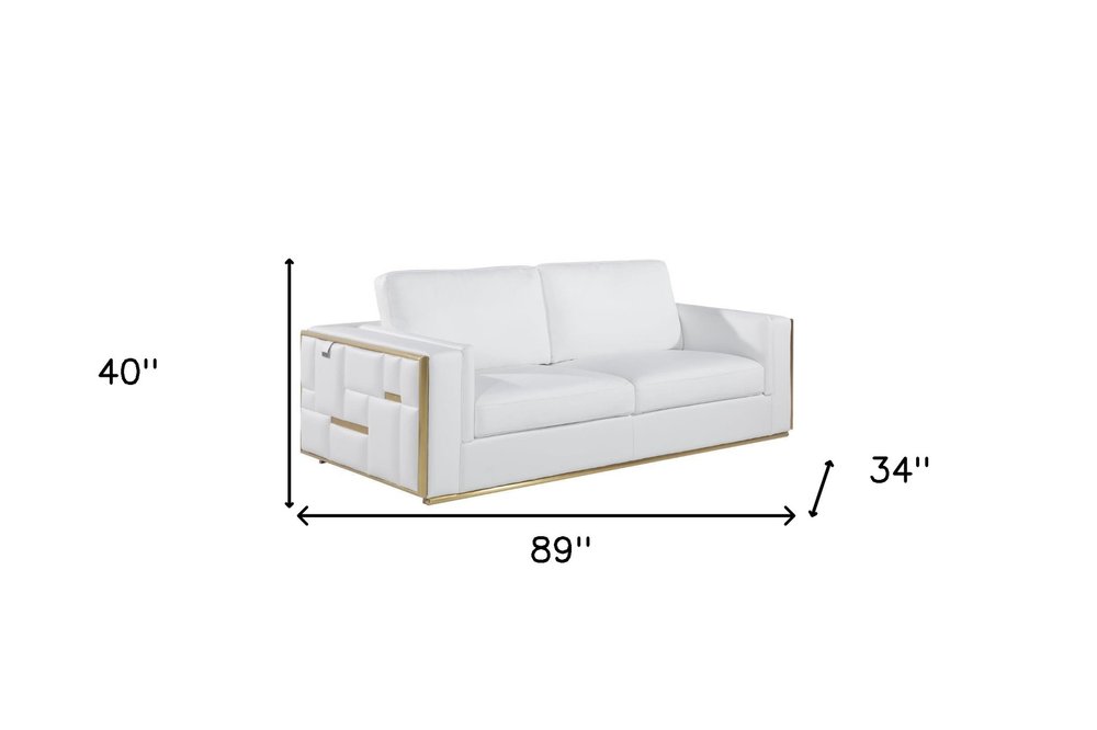 Black Italian Leather Sofa with Silver Legs - 89-inch