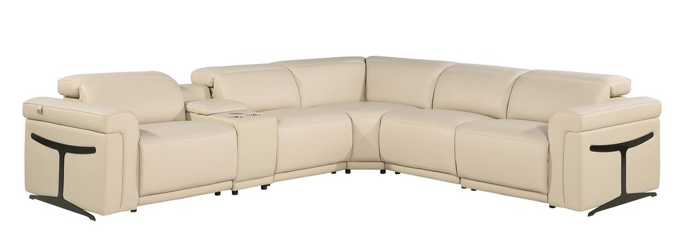 Beige Italian Leather Modular L Shaped Six Piece Corner Sectional with Console