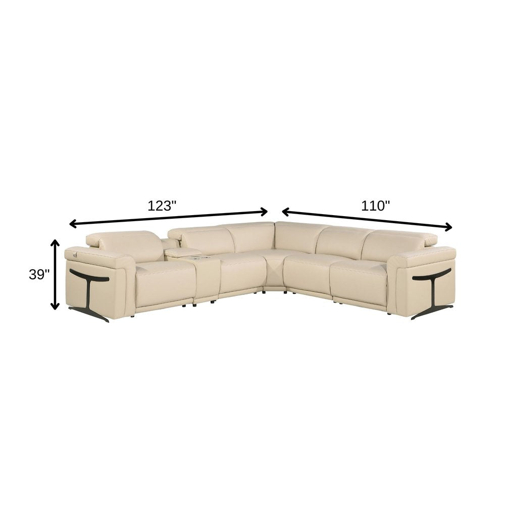 Beige Italian Leather Modular L Shaped Six Piece Corner Sectional with Console