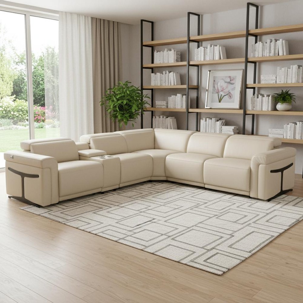 Beige Italian Leather Modular L Shaped Six Piece Corner Sectional with Console