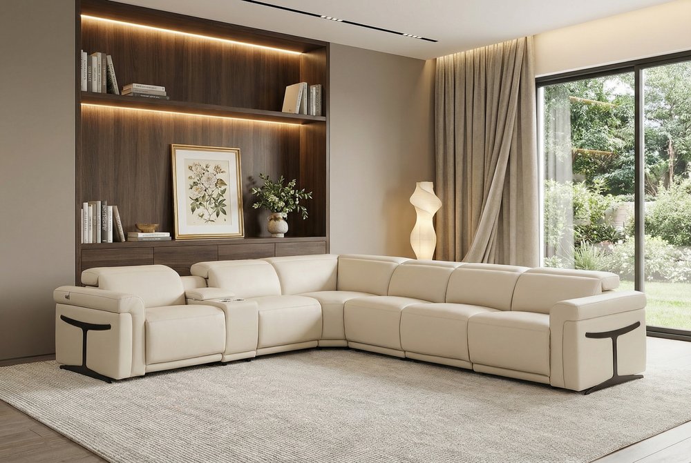 Beige Italian Leather Modular L Shaped Seven Piece Corner Sectional with Console