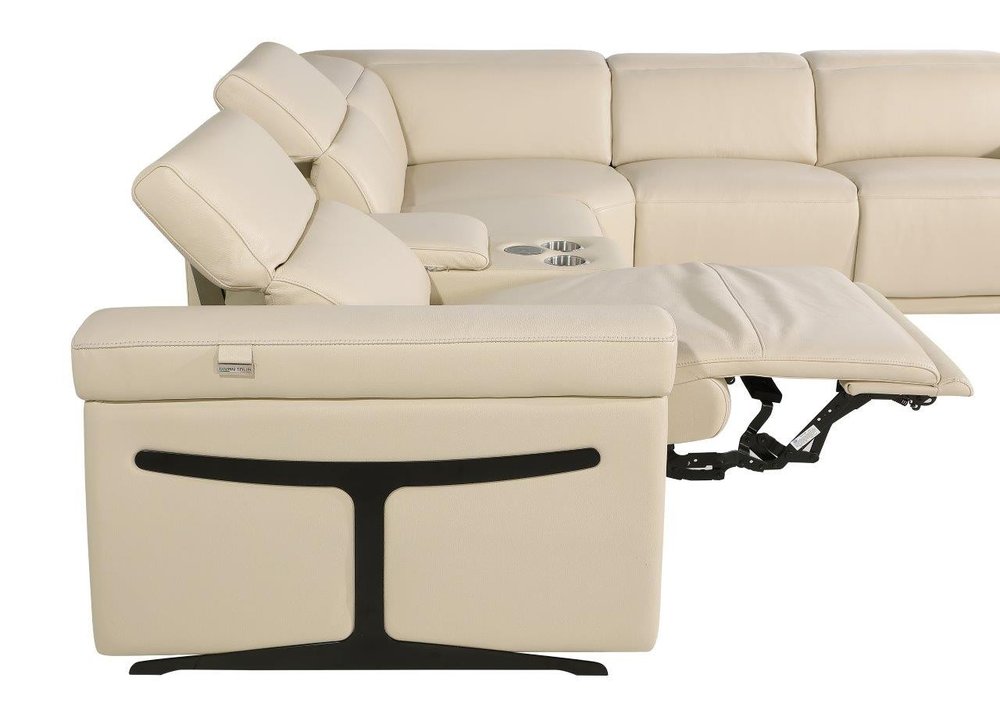 Beige Italian Leather Modular L Shaped Seven Piece Corner Sectional with Console