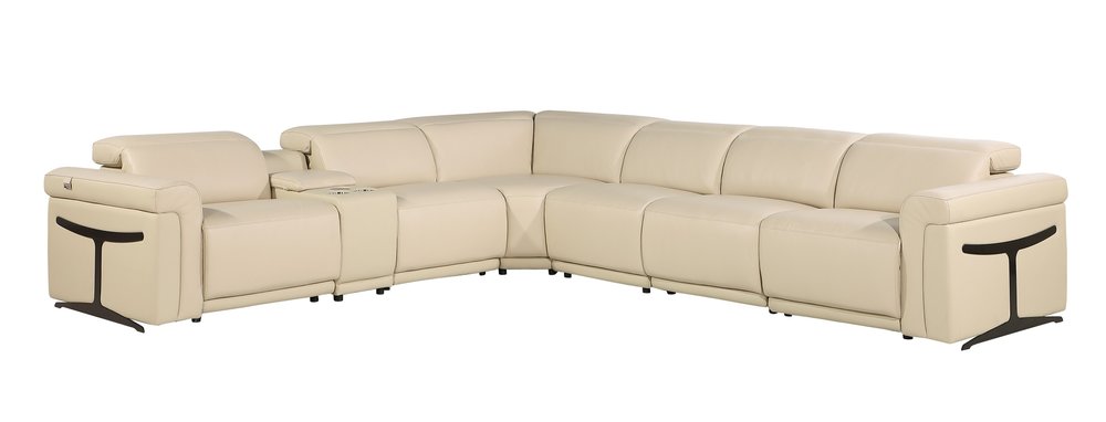 Beige Italian Leather Modular L Shaped Seven Piece Corner Sectional with Console