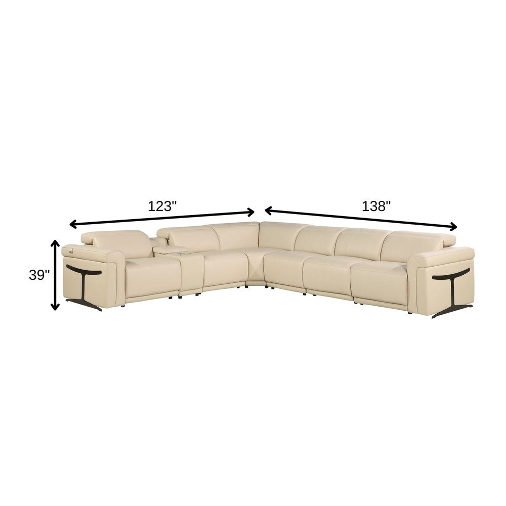 Beige Italian Leather Modular L Shaped Seven Piece Corner Sectional with Console
