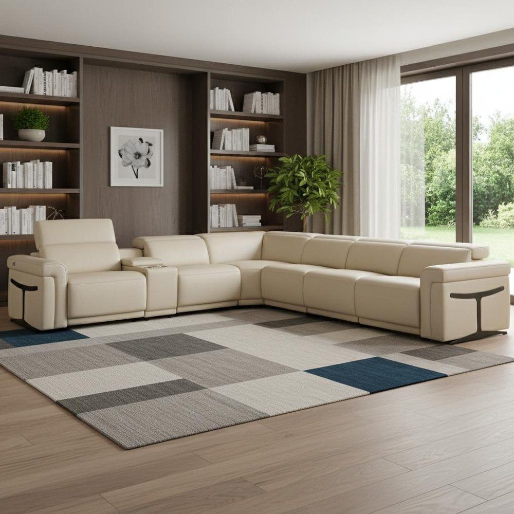 Beige Italian Leather Modular L Shaped Seven Piece Corner Sectional with Console