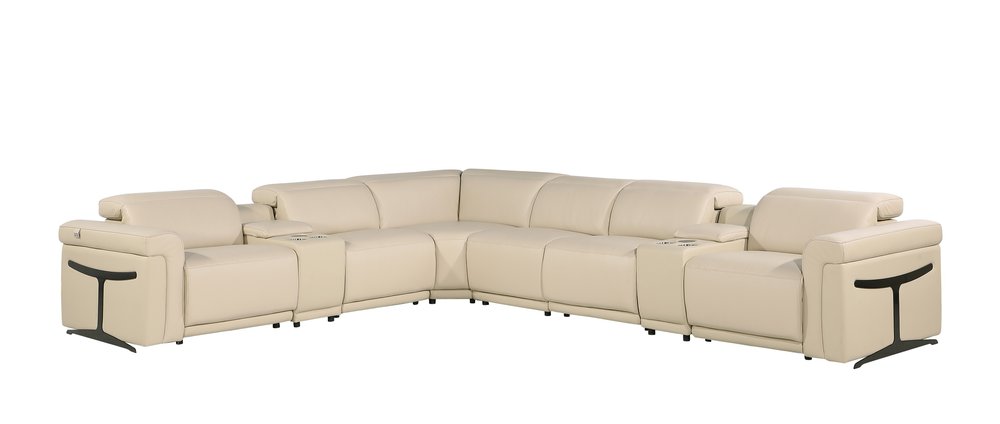 Beige Italian Leather Modular L Shaped Eight Piece Corner Sectional with Console