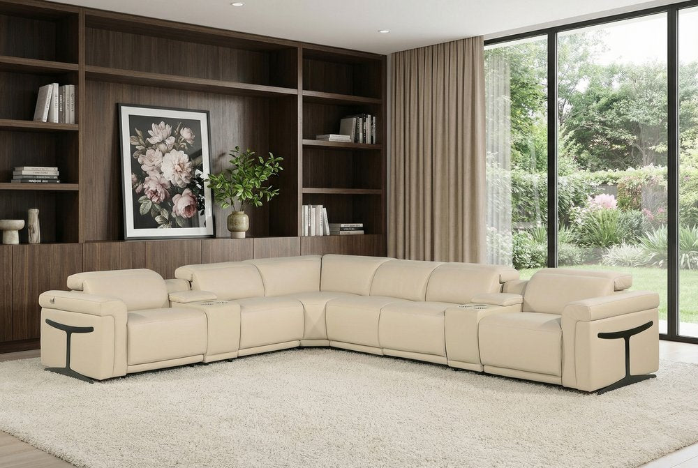 Beige Italian Leather Modular L Shaped Eight Piece Corner Sectional with Console