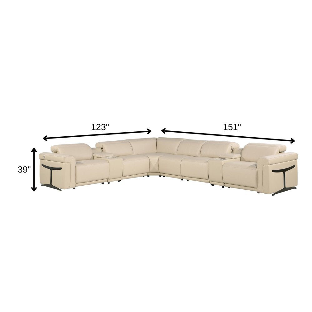 Beige Italian Leather Modular L Shaped Eight Piece Corner Sectional with Console