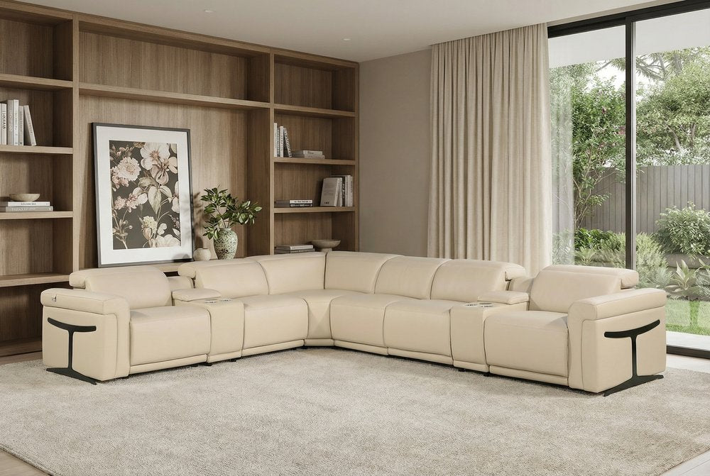 Beige Italian Leather Modular L Shaped Eight Piece Corner Sectional with Console