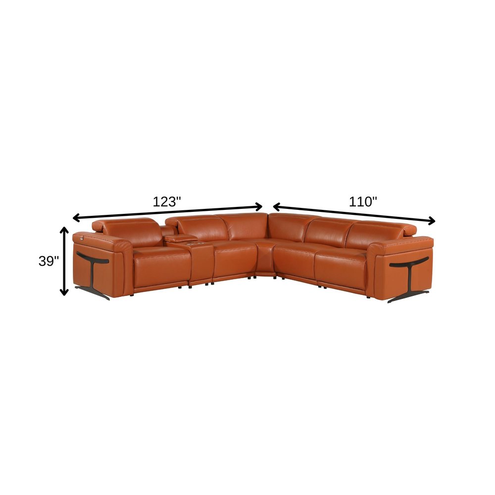 Camel Italian Leather Modular L Shaped Six Piece Corner Sectional with Console