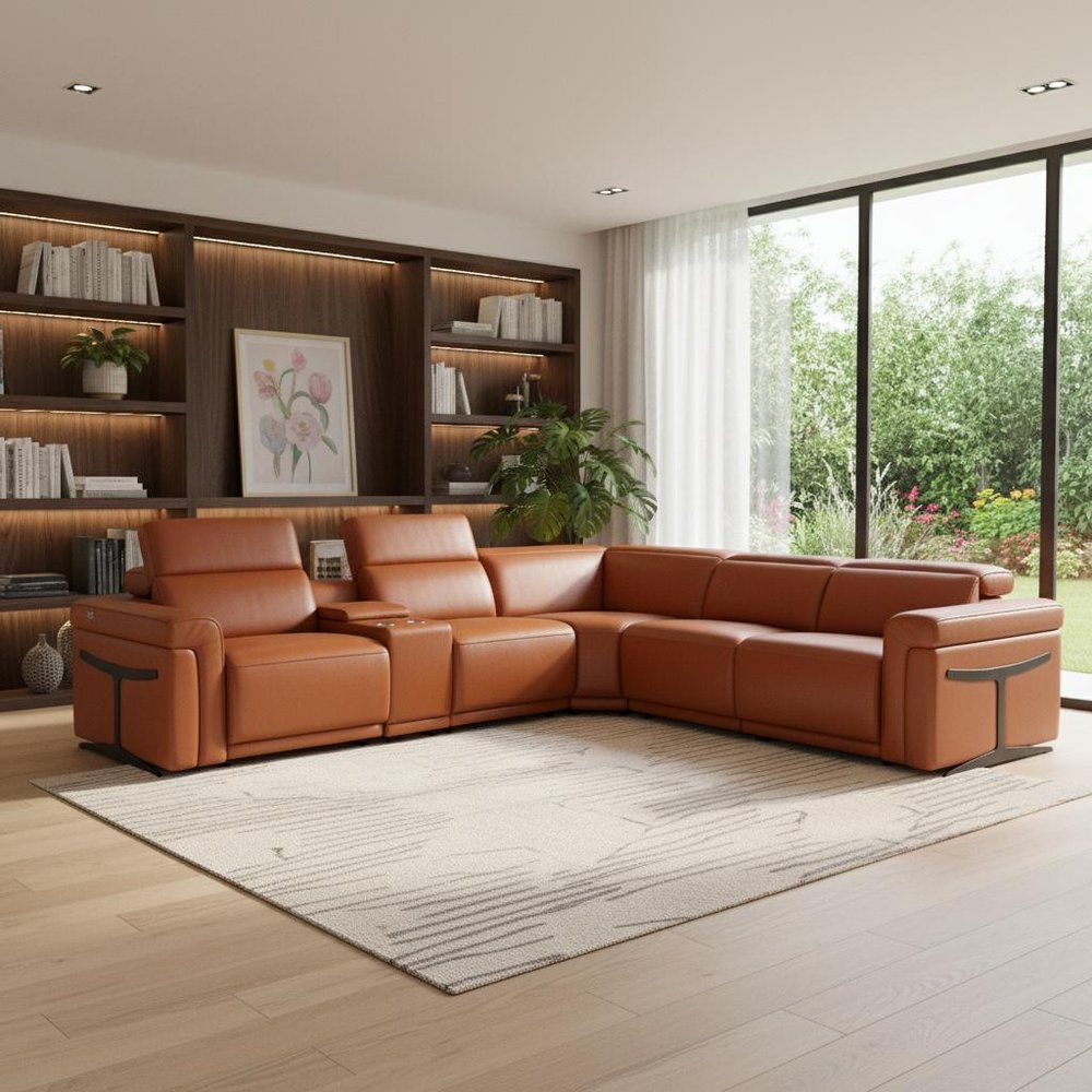 Camel Italian Leather Modular L Shaped Six Piece Corner Sectional with Console