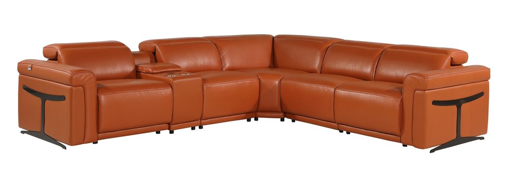 Camel Italian Leather Modular L Shaped Six Piece Corner Sectional with Console