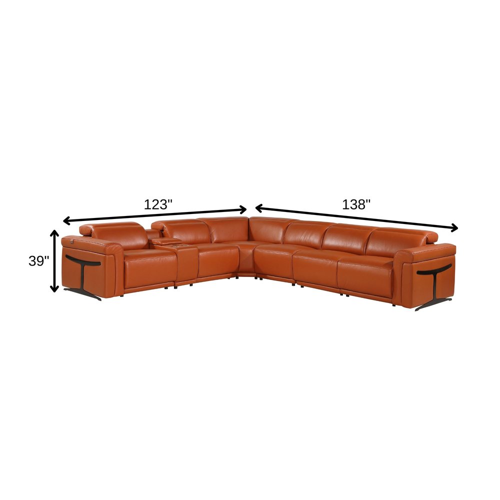 Camel Italian Leather Modular L Shaped Seven Piece Corner Sectional with Console
