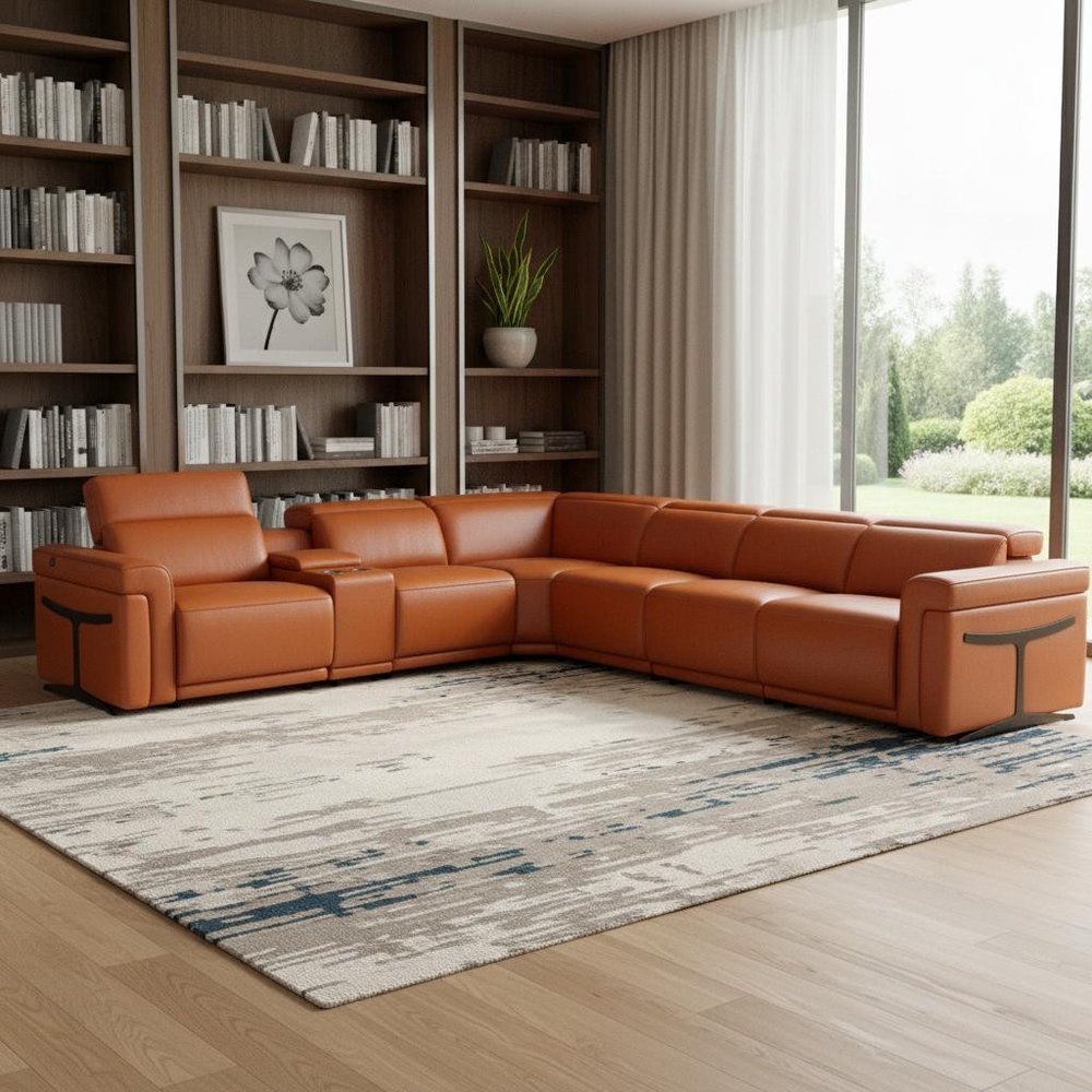 Camel Italian Leather Modular L Shaped Seven Piece Corner Sectional with Console