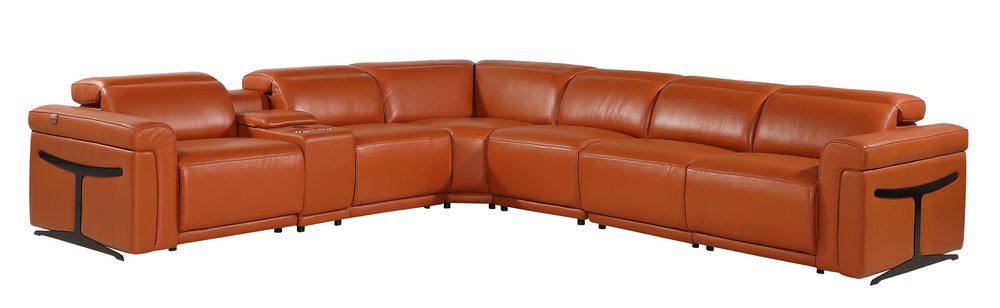 Camel Italian Leather Modular L Shaped Seven Piece Corner Sectional with Console