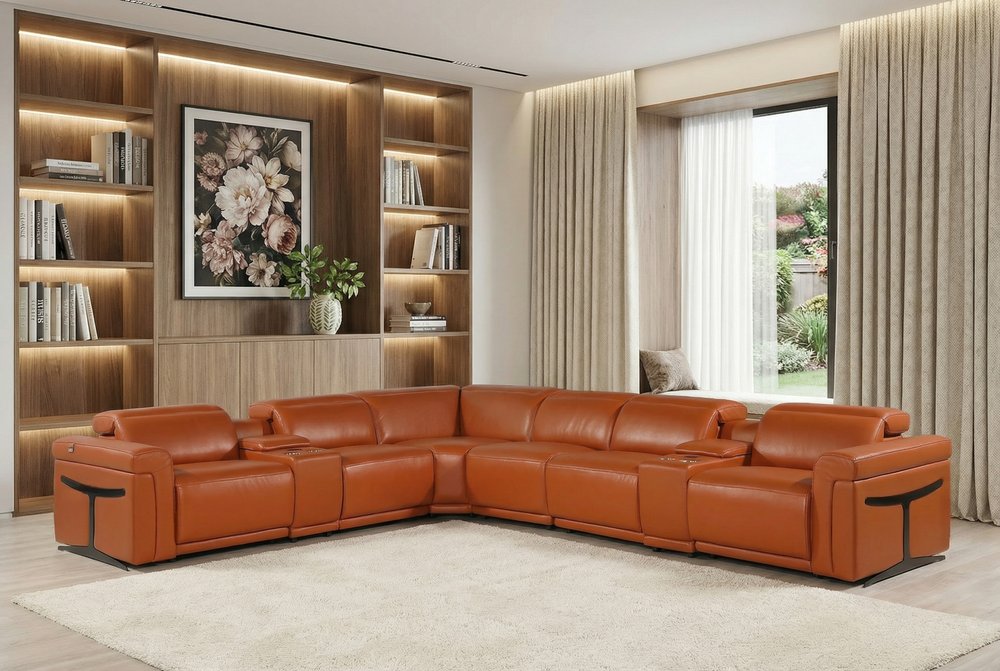 Camel Italian Leather Modular L Shaped Eight Piece Corner Sectional with Console